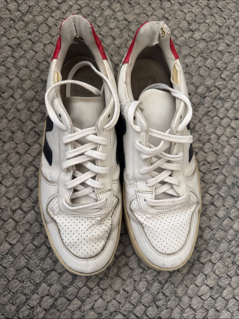 Veja V-10 Men's White Sneakers with Navy and Red Heel Tab